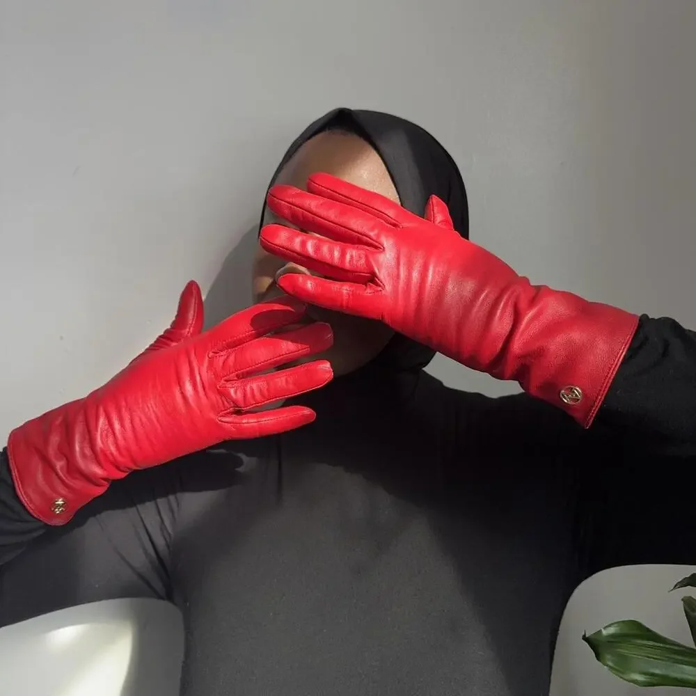 Vintage Adrienne Vittadini Cherry Red Leather Gloves Cashmere‎ Wool Lined size M
